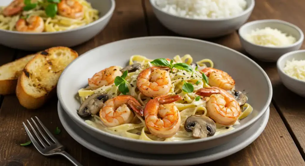 Slightly angled close-up of a white bowl filled with creamy shrimp and pasta, with bread, rice, and grated cheese visible in the blurred background.