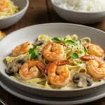 Slightly angled close-up of a white bowl filled with creamy shrimp and pasta, with bread, rice, and grated cheese visible in the blurred background.