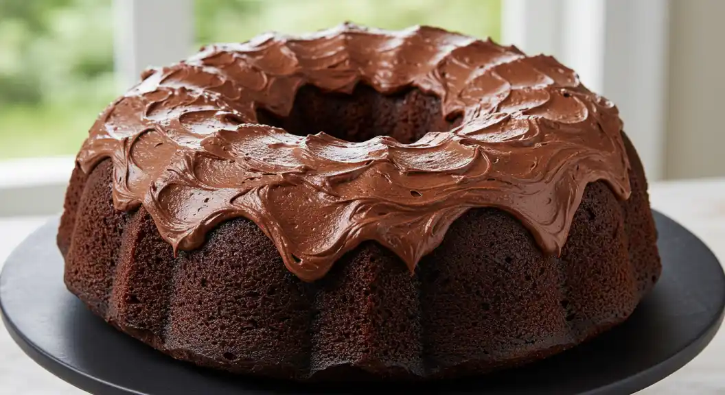 Close-up of a dark chocolate bundt cake with a swirled chocolate frosting on a black cake stand, representing a chocolate cream cheese pound cake gordon ramsay recipe.