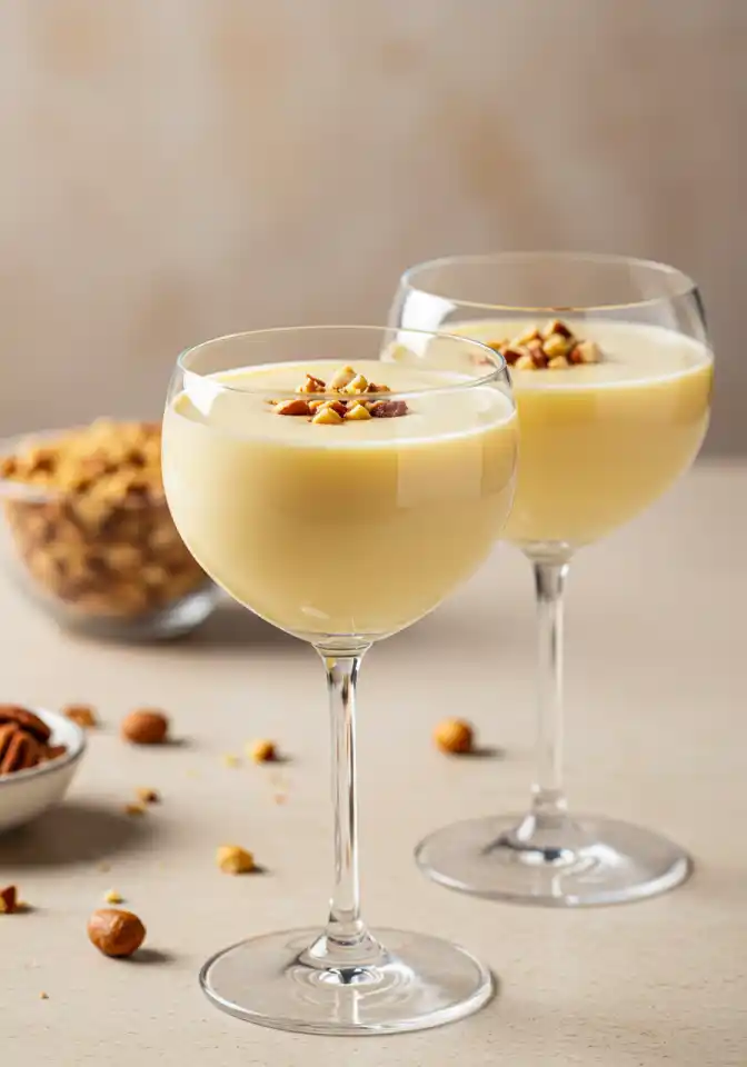 A slightly angled medium shot photograph of two stemmed glasses filled with a light yellow creamy drink, topped with chopped nuts, with a bowl of chopped nuts and whole nuts scattered on the surface as part of a "Lotus Seed Honey Drink Recipe."