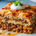 A slightly angled, close-up view of a layered dish, showing tortillas, ground meat, cheese, and a red sauce, finished with a dollop of sour cream and fresh herbs, representing an easy baked taco lasagne no browning of ground beef recipe.