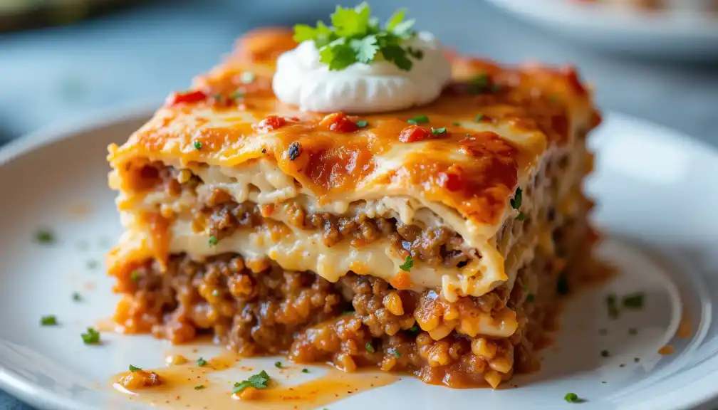 A slightly angled, close-up view of a layered dish, showing tortillas, ground meat, cheese, and a red sauce, finished with a dollop of sour cream and fresh herbs, representing an easy baked taco lasagne no browning of ground beef recipe.