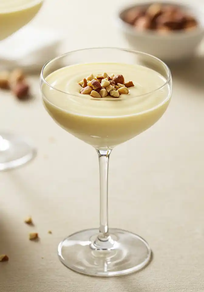 Close-up of a stemmed glass filled with a light yellow creamy drink, topped with chopped nuts, showcasing part of a Lotus Seed Honey Drink Recipe, with a blurred bowl of nuts in the background.