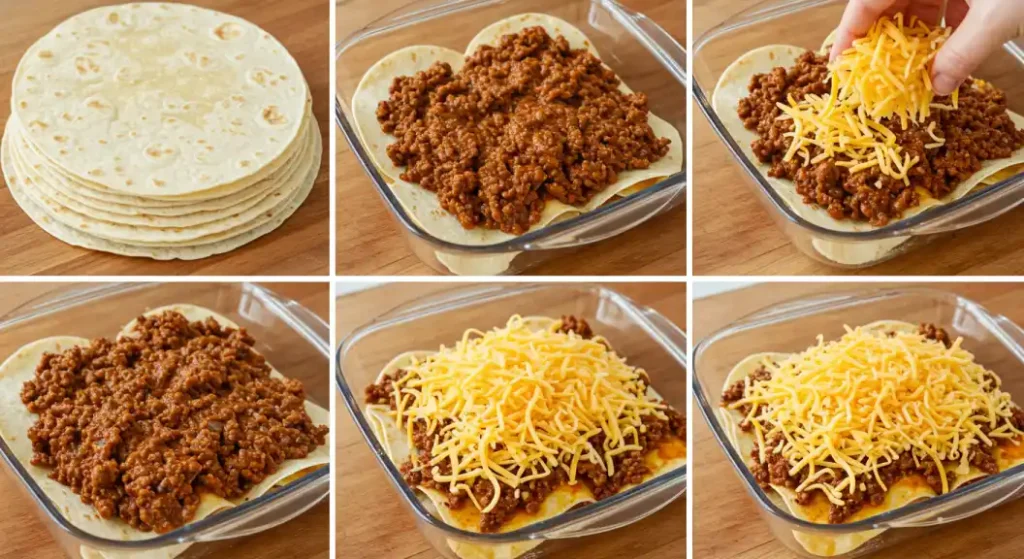 Overhead view of a six-panel image showing the steps for layering tortillas, seasoned ground meat, and shredded cheese in a glass dish, to make an easy baked taco lasagne no browning of ground beef recipe.