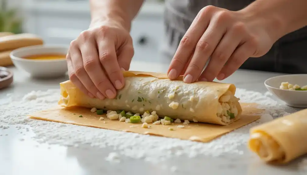 Close-up of hands rolling a spring roll filled with white cheese, chopped green onions, and bits of jalapeño on a light brown parchment paper, set on a floured countertop.