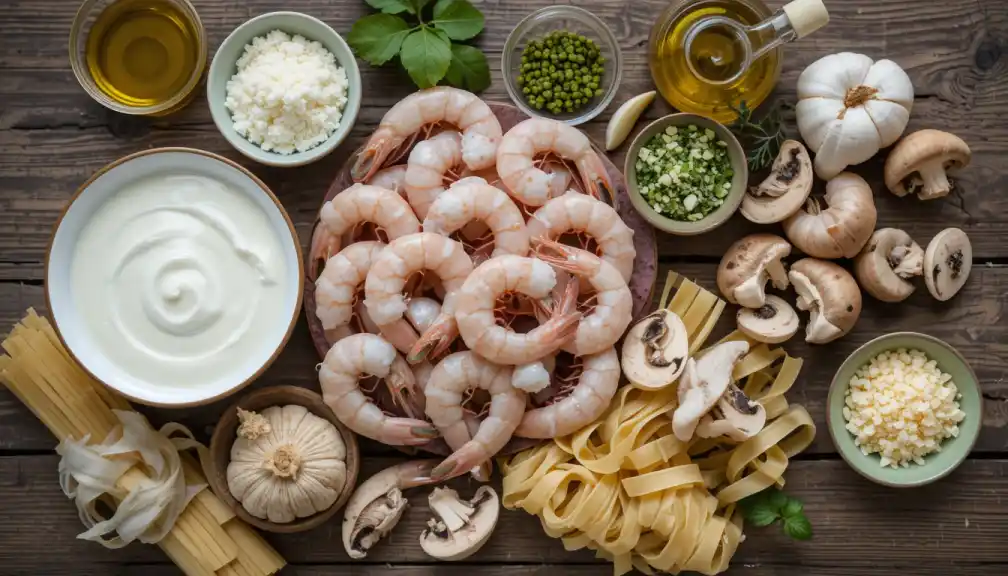 Overhead view of a wooden table displaying ingredients for a shrimp and pasta dish, including raw shrimp, pasta, mushrooms, creamy white sauce, oil, garlic, herbs, and grated cheese, arranged in bowls.