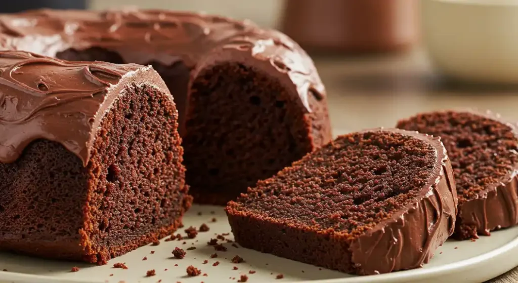 Close-up of a chocolate bundt cake with two slices removed, showing the textured cake and its swirled chocolate frosting.