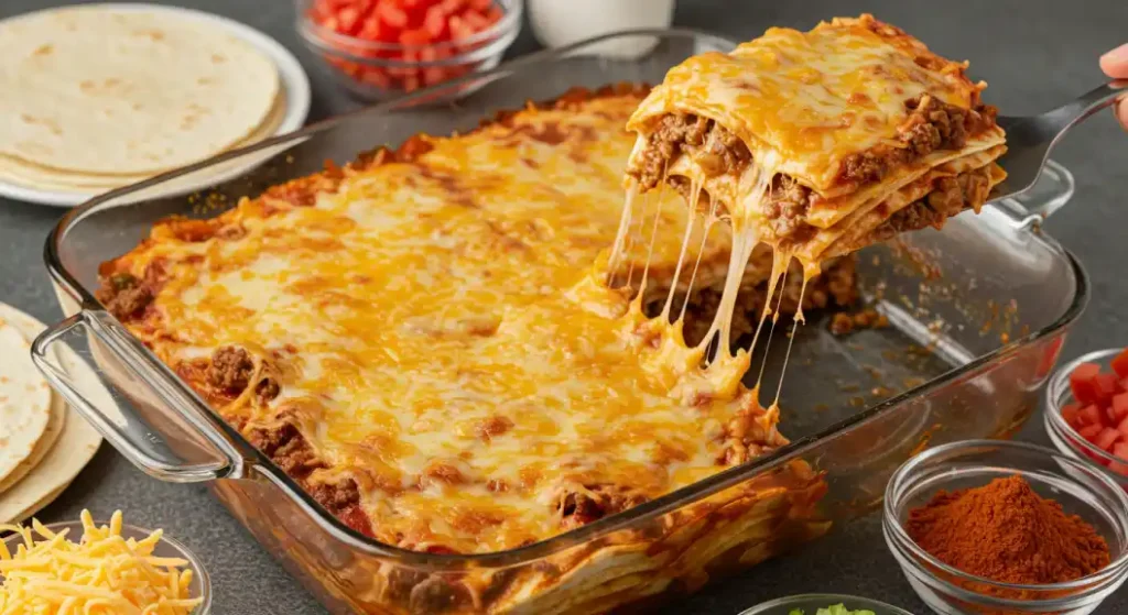 A slightly angled, close-up photograph of a baking dish filled with layers of a taco lasagna, with a portion being lifted out by a metal spatula, showcasing the cheese and meaty filling, part of an easy baked taco lasagne no browning of ground beef recipe.