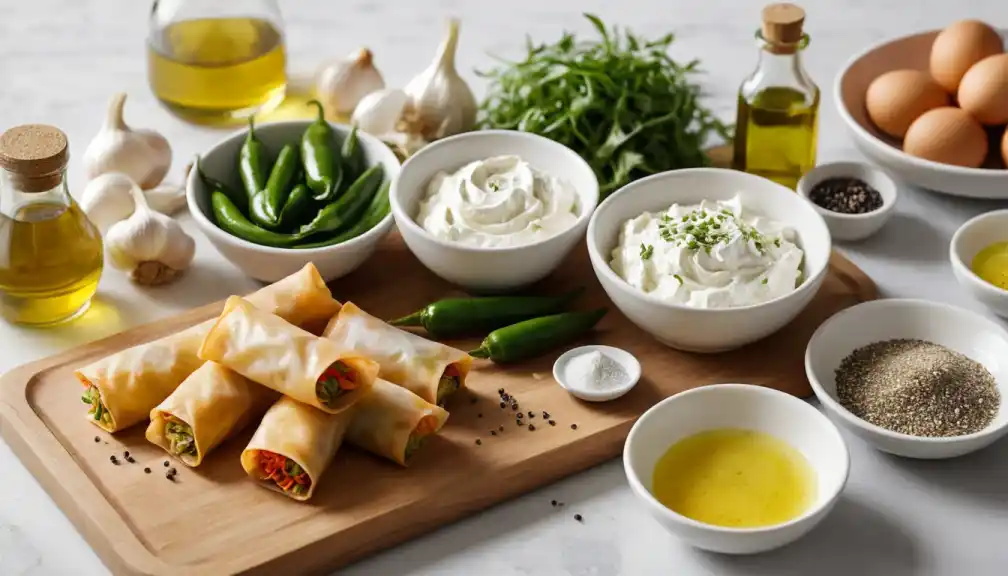 Overhead shot of a light wooden board displaying a stack of golden-brown spring rolls with a visible filling, surrounded by bowls containing: oil, whole garlic cloves, fresh green jalapeños, white cheese, fresh herbs, spices, and raw eggs, ingredients for preparing a spring roll recipe.