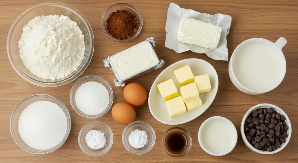 Overhead view of baking ingredients on a wooden table, including flour, cocoa powder, cream cheese, butter, sugar, eggs, vanilla extract, baking powder, baking soda, milk, and chocolate chips