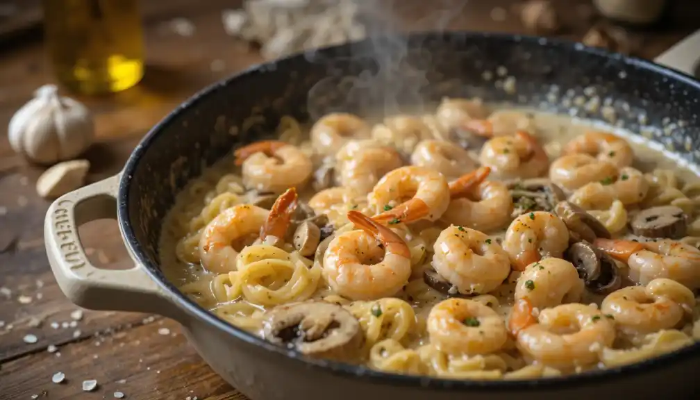 Close-up, slightly angled overhead view of a black pan filled with a creamy sauce, shrimp, and pasta, with garlic cloves, and olive oil bottle partially visible in the background, showcasing elements of a dish that includes Langostino Mushroom Sour Cream Gravy.