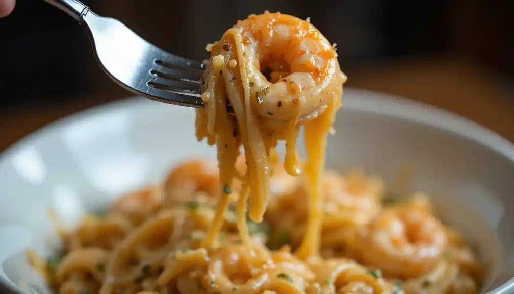 Close-up of a fork lifting shrimp and pasta with creamy sauce from a white bowl, with a blurred background of more pasta and shrimp.