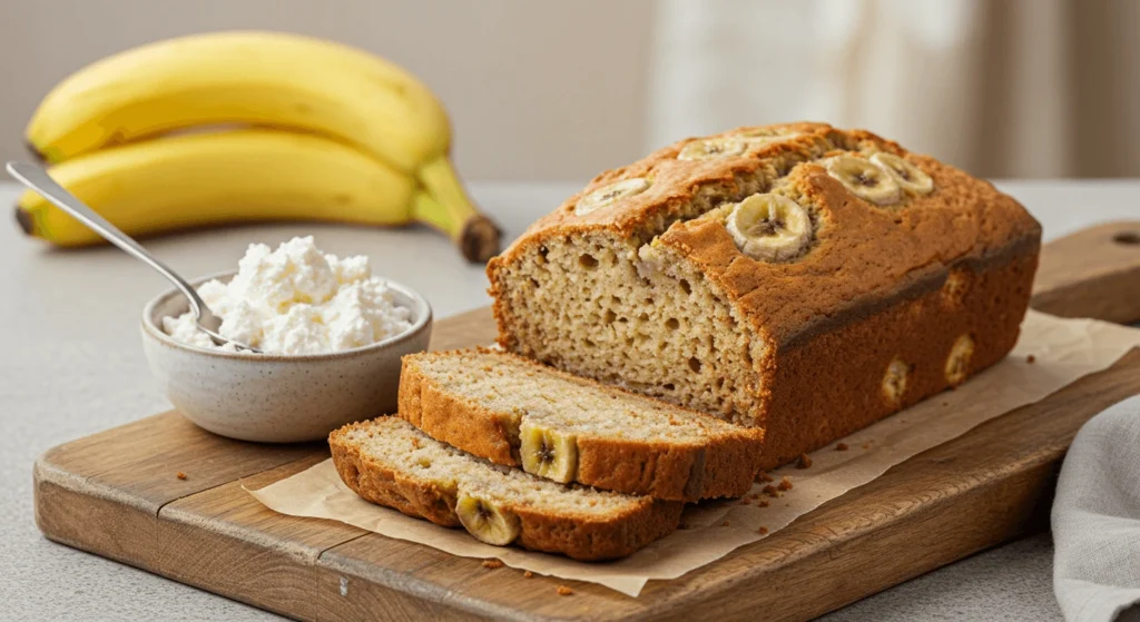 Freshly baked cottage cheese banana bread with a golden crust