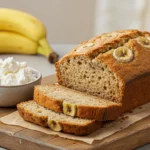 Freshly baked cottage cheese banana bread with a golden crust