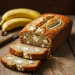 Freshly baked cottage cheese banana bread sliced on a wooden board