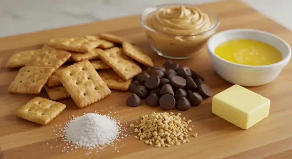 Ingredients for Cheez-It Peanut Butter and Chocolate treats: Cheez-It crackers, peanut butter, chocolate chips, butter, sea salt, and crushed peanuts