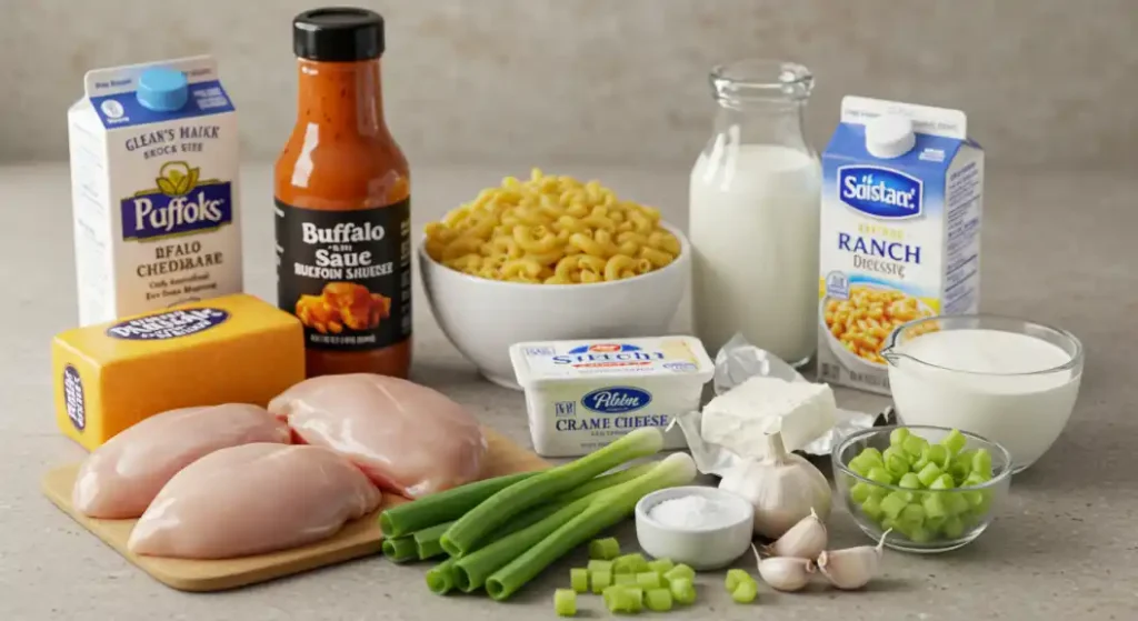 Ingredients for Buffalo Chicken Mac and Cheese Crockpot including pasta, shredded chicken, buffalo sauce, cream cheese, and cheddar cheese