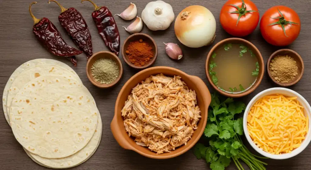 Fresh ingredients for Boulders Enchilada neatly arranged, including tortillas, cheese, sauce, and a variety of seasonings