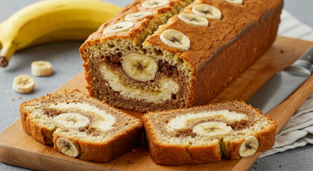 Freshly baked cottage cheese banana bread sliced and ready to serve