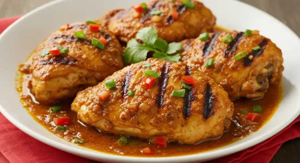 Delicious chicken with sazon seasoning, coriander, and annatto served on a plate