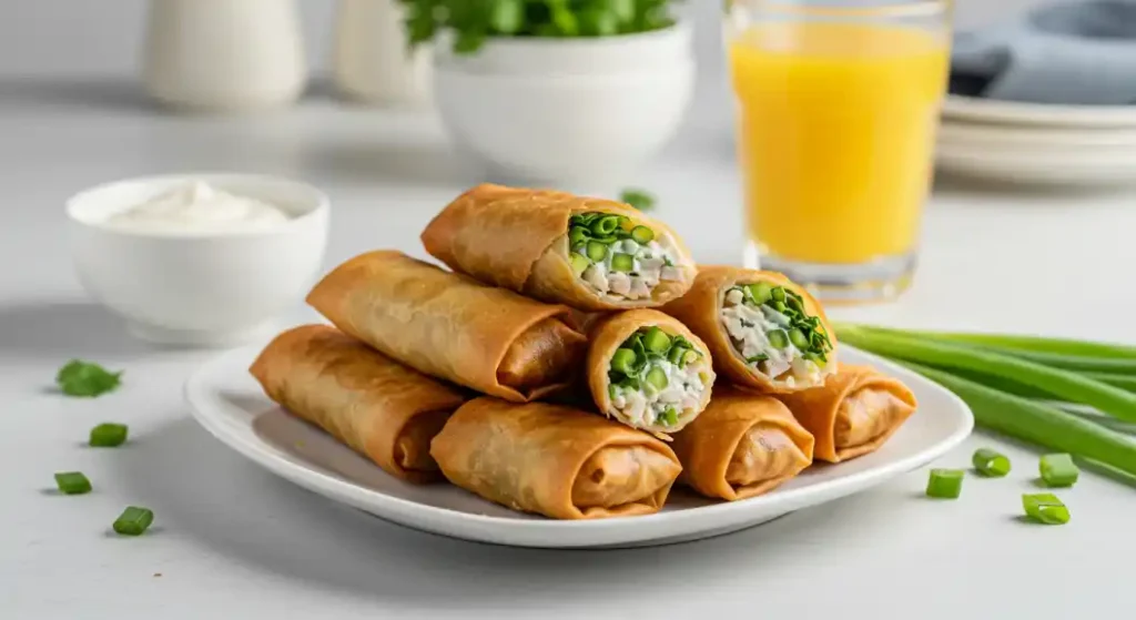 Close-up of a white plate filled with a stack of golden-brown spring rolls, some cut open to show a filling of white cheese and green herbs, with a white bowl of creamy sauce and a glass of orange juice in the blurred background. A few fresh scallions are scattered near the base of the plate.