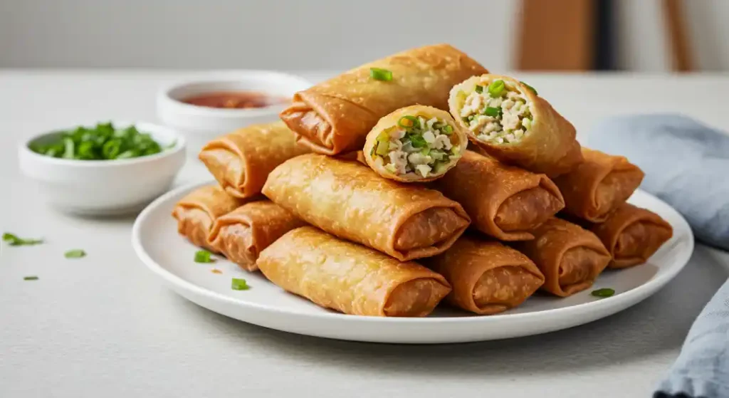 Close-up of a white plate filled with a stack of golden-brown fried spring rolls, some cut open to reveal a filling that includes white cheese and chopped green onions. A white bowl with chopped green herbs and another bowl with red sauce are visible in the blurred background. A partially visible blue cloth is also visible in the frame, showcasing components of a dish that features Egg Roll Wrapper Goat Cheese Jalapeno.