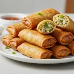 Close-up of a white plate filled with a stack of golden-brown fried spring rolls, some cut open to reveal a filling that includes white cheese and chopped green onions. A white bowl with chopped green herbs and another bowl with red sauce are visible in the blurred background. A partially visible blue cloth is also visible in the frame, showcasing components of a dish that features Egg Roll Wrapper Goat Cheese Jalapeno.