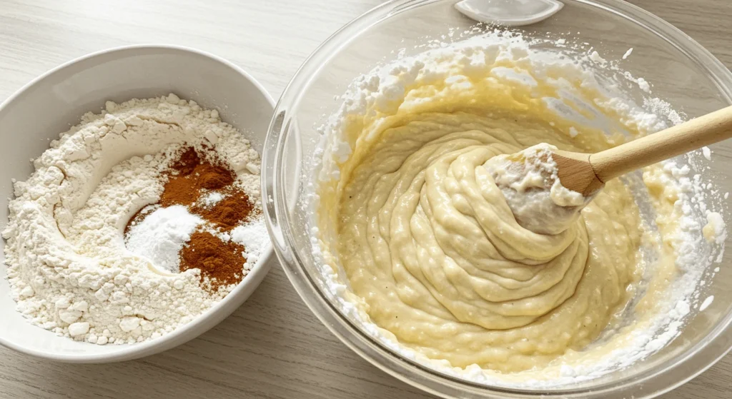 Mixing wet and dry ingredients for cottage cheese banana bread batter