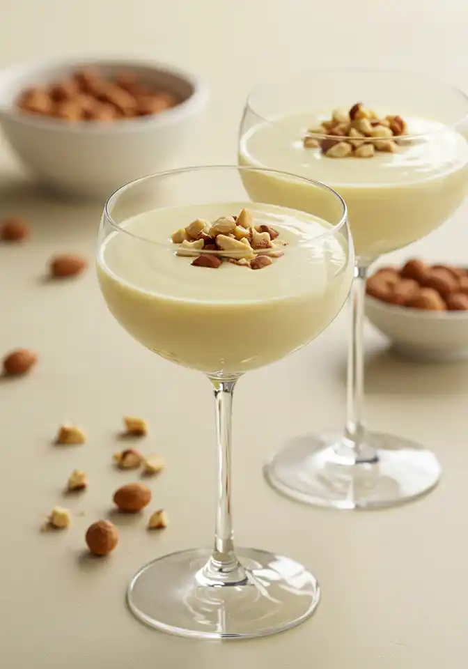 Medium shot of two stemmed glasses filled with a light yellow creamy drink, topped with chopped nuts, with a bowl of chopped nuts and some scattered whole nuts, components for a "Lotus Seed Honey Drink Recipe."