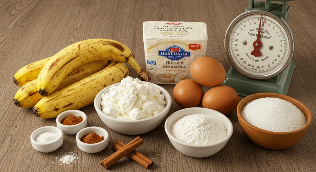 Ingredients for cottage cheese banana bread, including bananas, cottage cheese, eggs, flour, and spices neatly arranged on a kitchen counter