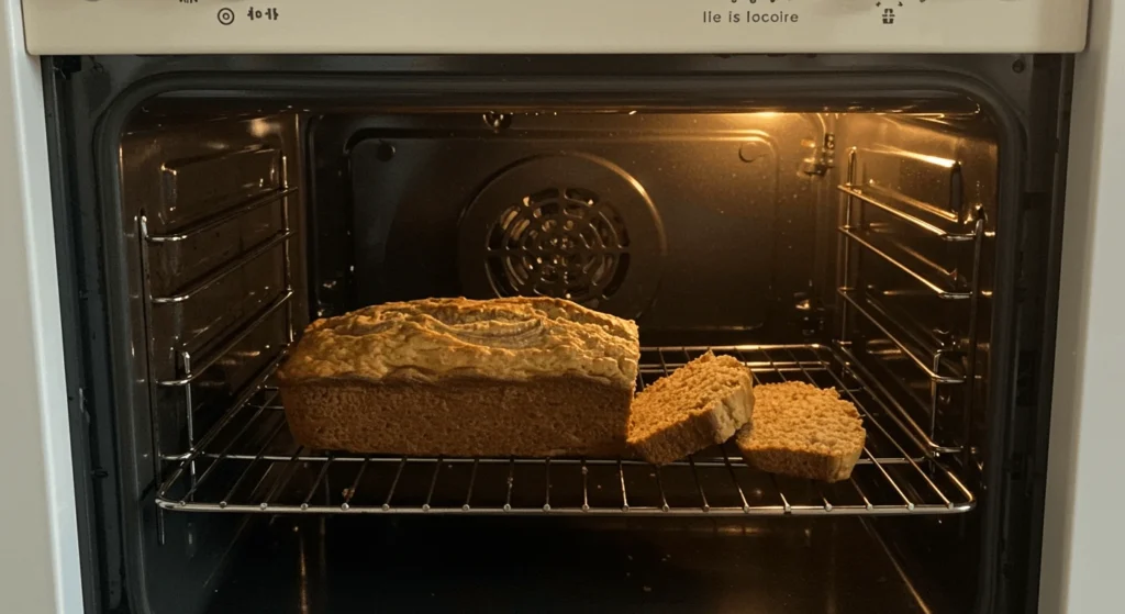 Banana bread loaf and slices cooling on a rack inside an oven