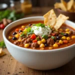 Chilled Taco Soup Frios served in a shallow white ceramic bowl with seasoned ground beef, black beans, corn, and tomatoes, topped with sour cream, cilantro, and tortilla strips