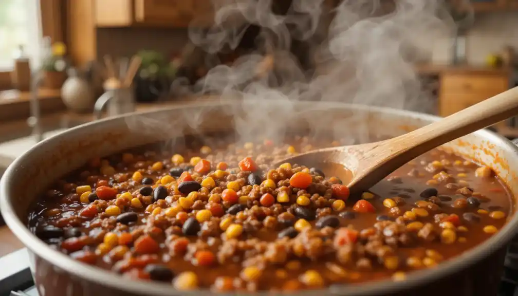 Close-up of stirring Taco Soup Frios in a large pot with ground beef, black beans, corn, tomatoes, and taco seasoning. Steam rises from the pot in a cozy kitchen setting