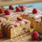 A moist and fluffy kefir sheet cake topped with a light glaze and garnished with fresh berries