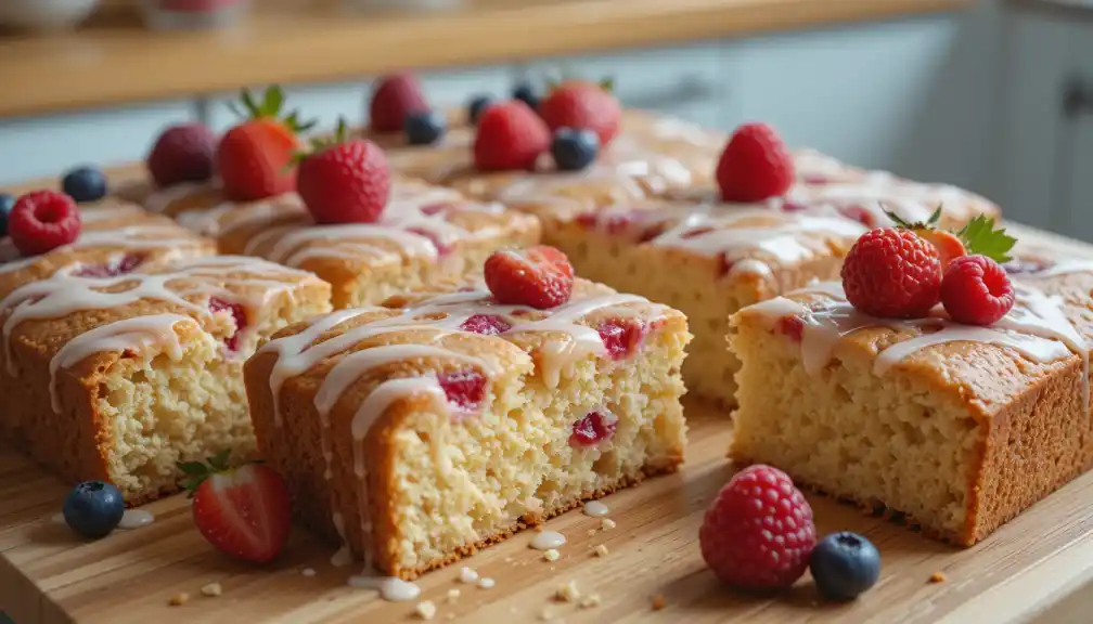 A moist and fluffy kefir sheet cake topped with a light glaze and garnished with fresh berries