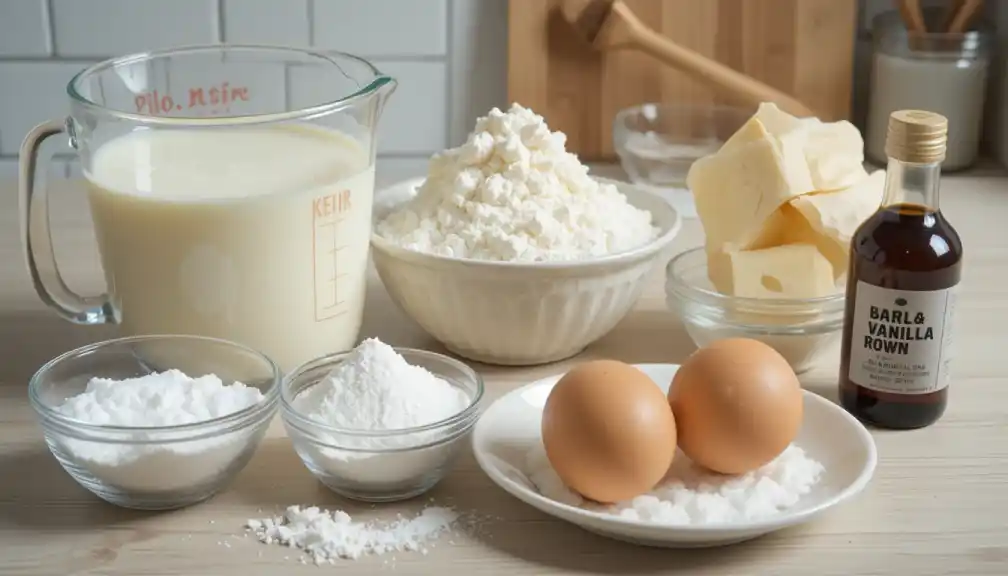 Ingredients for a kefir sheet cake, including kefir, flour, sugar, eggs, butter, baking soda, baking powder, and vanilla extract, arranged on a kitchen counter.