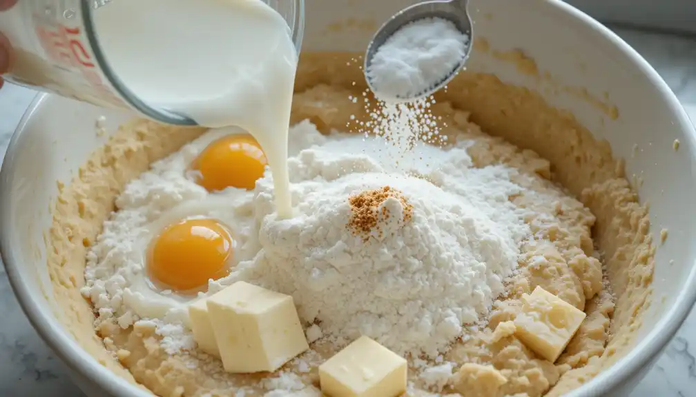 Close-up of kefir, flour, eggs, butter and other ingredients being added to a bowl for kefir sheet cake batter