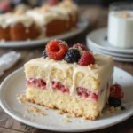 Kefir sheet cake topped with frosting and fresh berries on a white plate