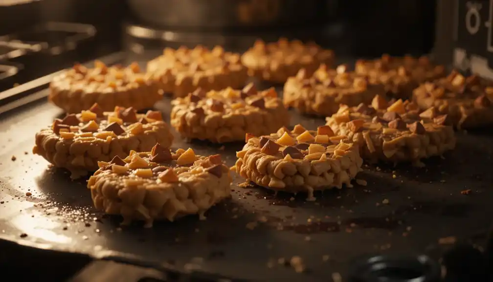 Cheez-It crackers topped with peanut butter and chocolate melting in an oven, creating a warm and gooey treat