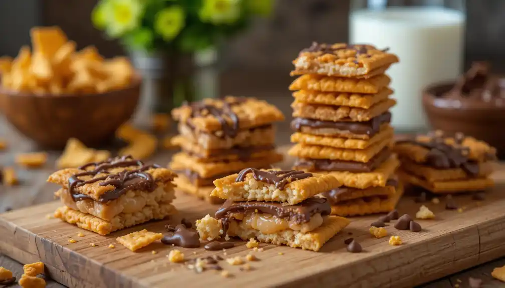 Cheez-It crackers topped with peanut butter and melted chocolate, creating a sweet and savory snack