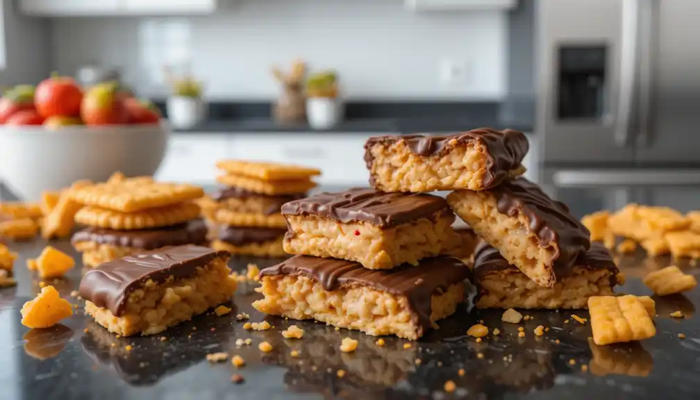 Homemade Cheez-It crackers filled with creamy peanut butter and coated in melted dark chocolate, served with crumbs and drizzles