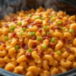 Buffalo chicken mac and cheese in a crockpot with bacon and green onion garnish.