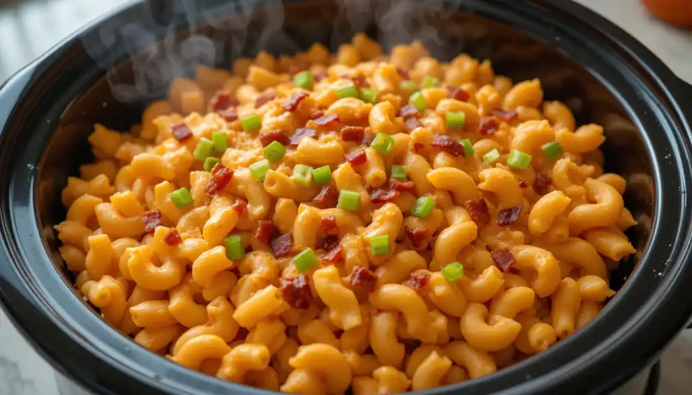 Buffalo chicken mac and cheese in a crockpot with bacon and green onion garnish.