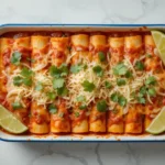 Freshly baked Boulders Enchiladas topped with melted cheese and cilantro