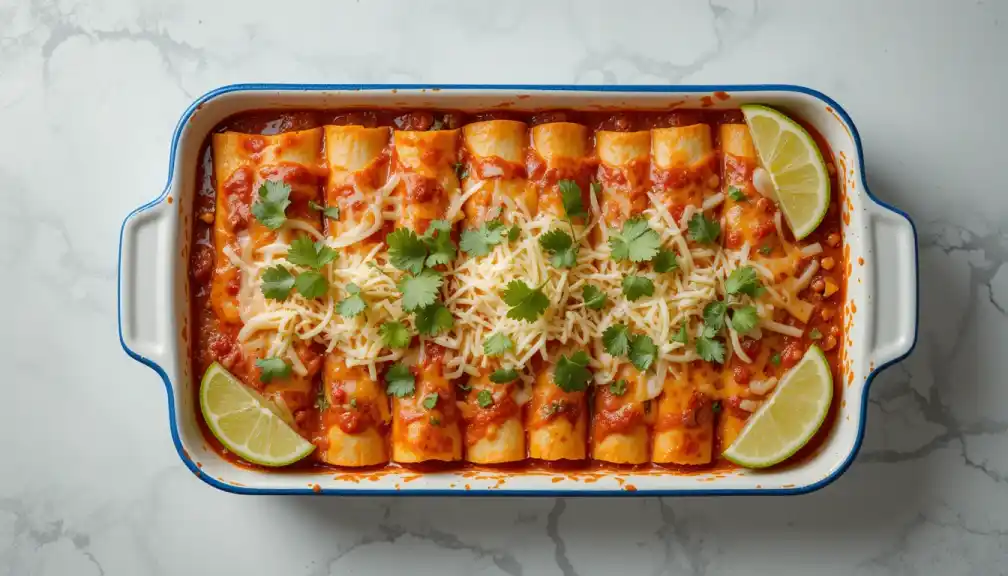 Freshly baked Boulders Enchiladas topped with melted cheese and cilantro