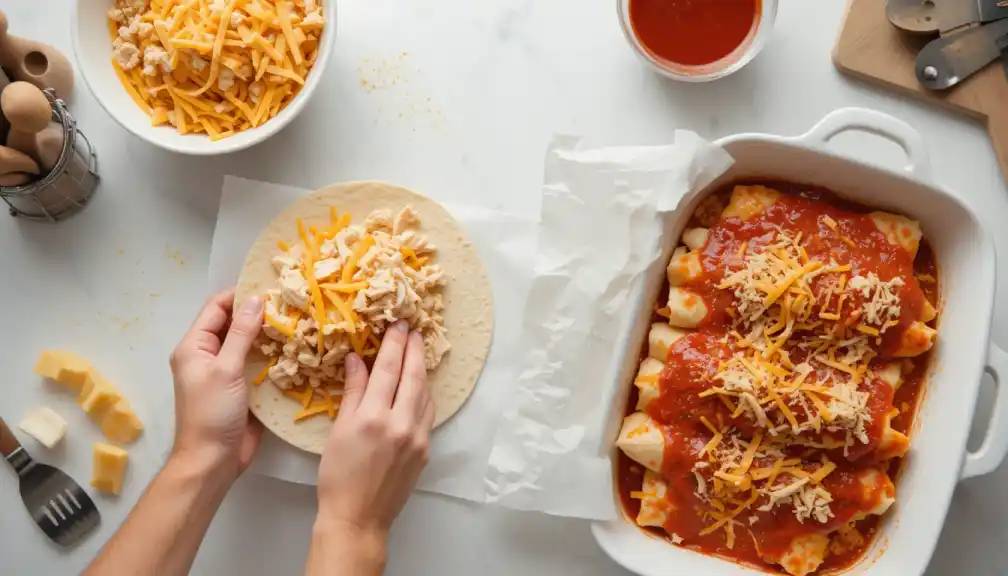 A woman preparing Boulders Enchilada in a home kitchen, carefully layering ingredients with a smile