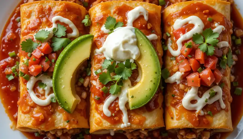 A freshly made Boulders Enchilada served on a white plate, topped with melted cheese and garnished with herbs.