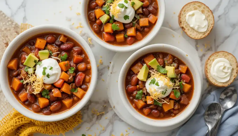 Three bowls of squash and kidney beans stew, served fresh with garnishes.