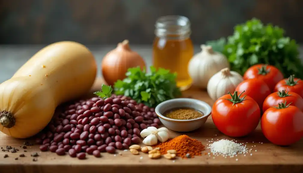 Butternut squash, red kidney beans, onions, garlic, tomatoes, vegetable broth, spices, fresh herbs, and olive oil on a wooden surface.