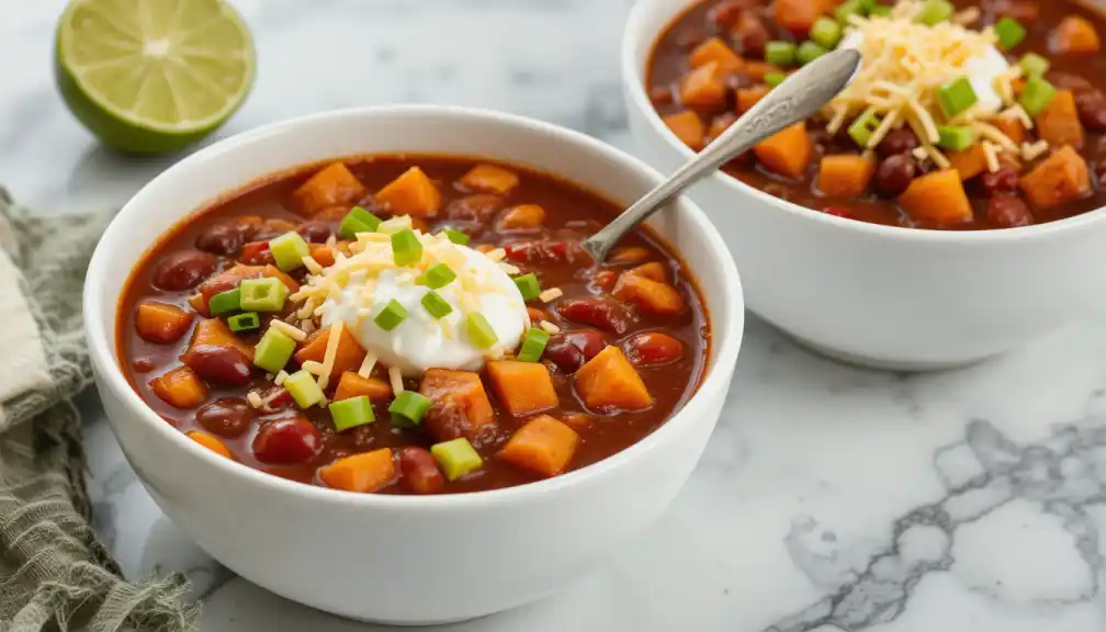 Two bowls of hearty Squash and Kidney Beans Recipe chili with sour cream, shredded cheese, green onions, and avocado, accompanied by a lime half and a spoon on a marble surface.